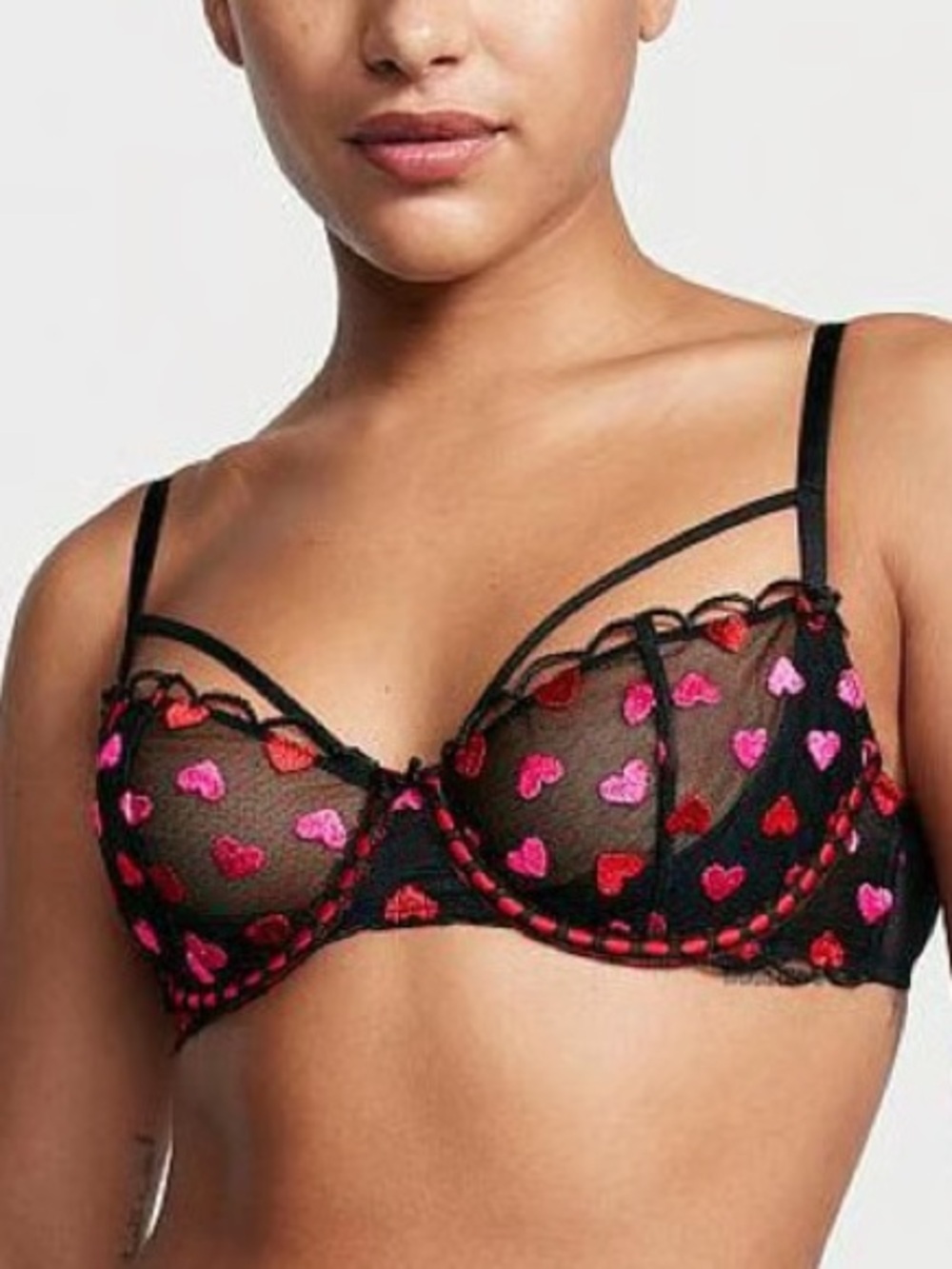 VICTORIA’S SECRET Black Sheer Underwire Bra with Pink & Red Embroidered Hearts